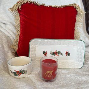 Pfaltzgraff Christmas Heritage Basket Weave Bread Platter and Dip Bowl